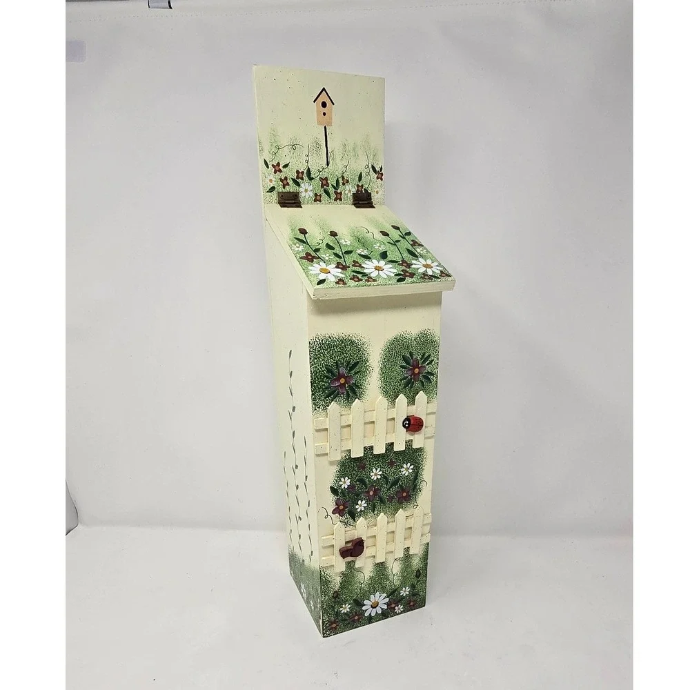 Vtg hand painted wooden grocery bag holder picket fence floral‎ cottagecore